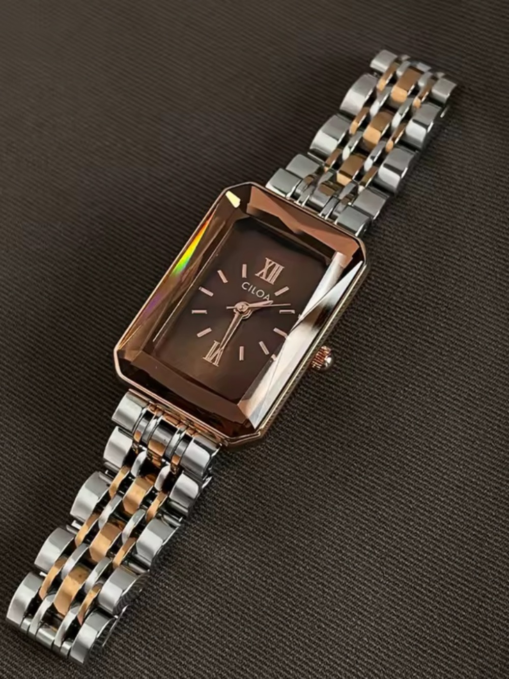 New Brown Sunburst Rectangular Dial Stainless Steel Bracelet Watch